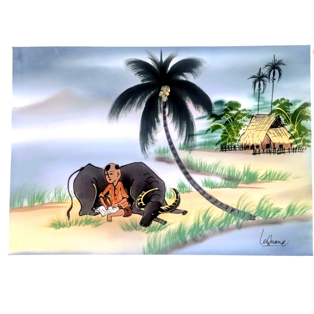 Vintage Asian Silk Painting – Boy with Water Buffalo & Palm Hut Scene – Signed